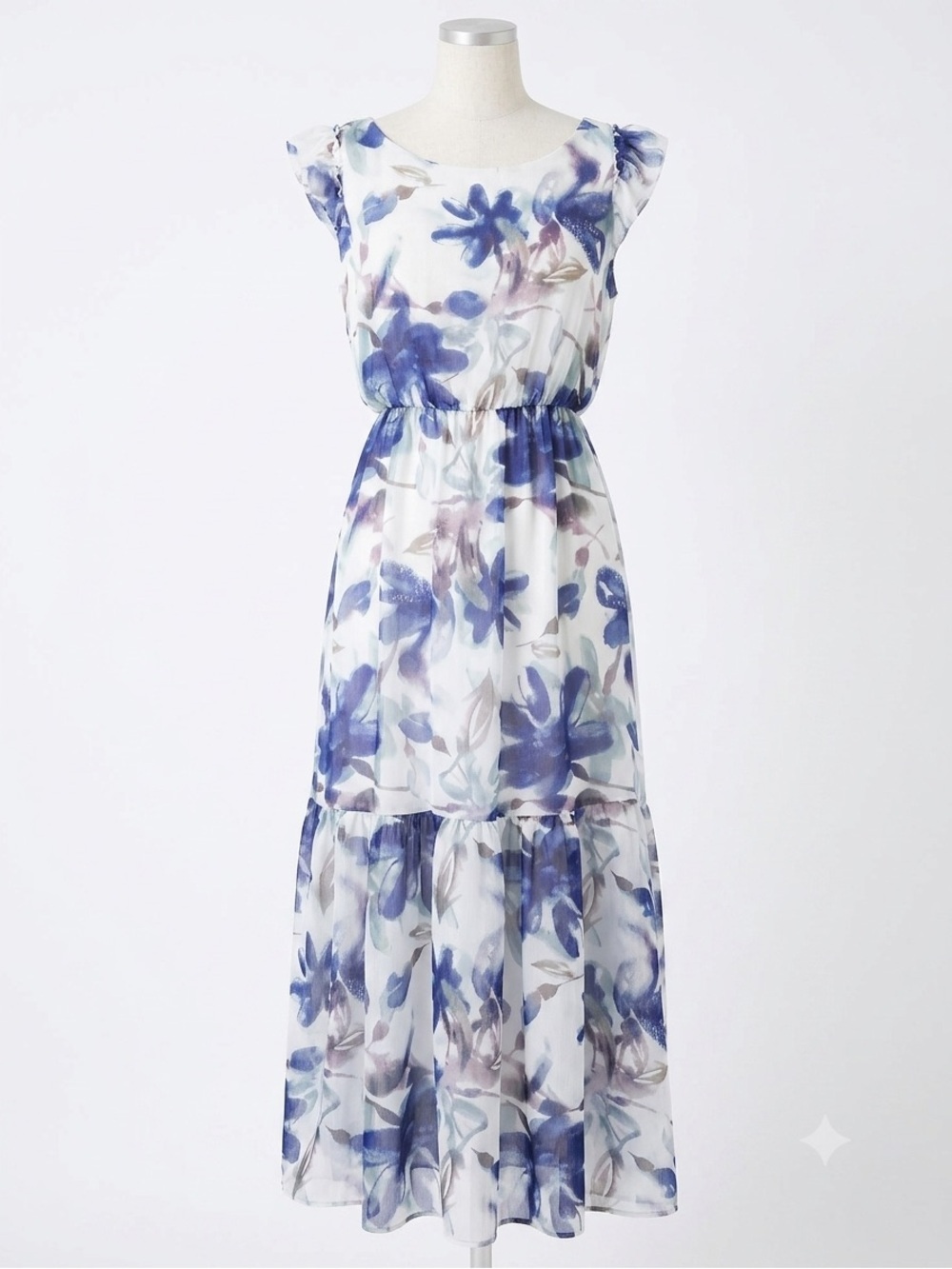 Le Ragazze Italy Silk Floral Maxi Dress Watercolor Flutter Sleeve NEEDS REPAIR